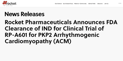 IND for PKP2-ACM accepted by U.S. Food and Drug Administration